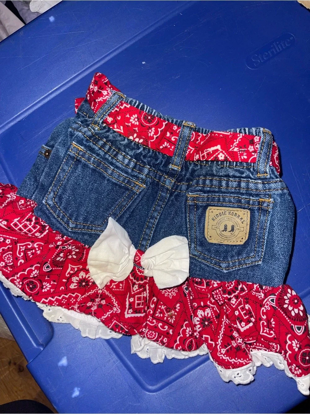 Kiddie Korral Denim Jean Skirt with Red Bandana Ruffle Trim